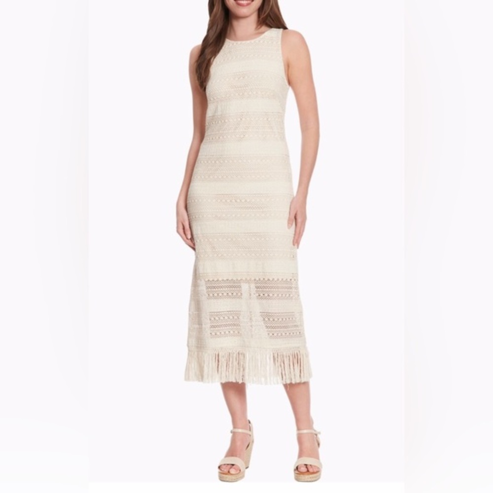 London Times Natural Fringe Sleeveless Bohemian Crochet Midi Dress